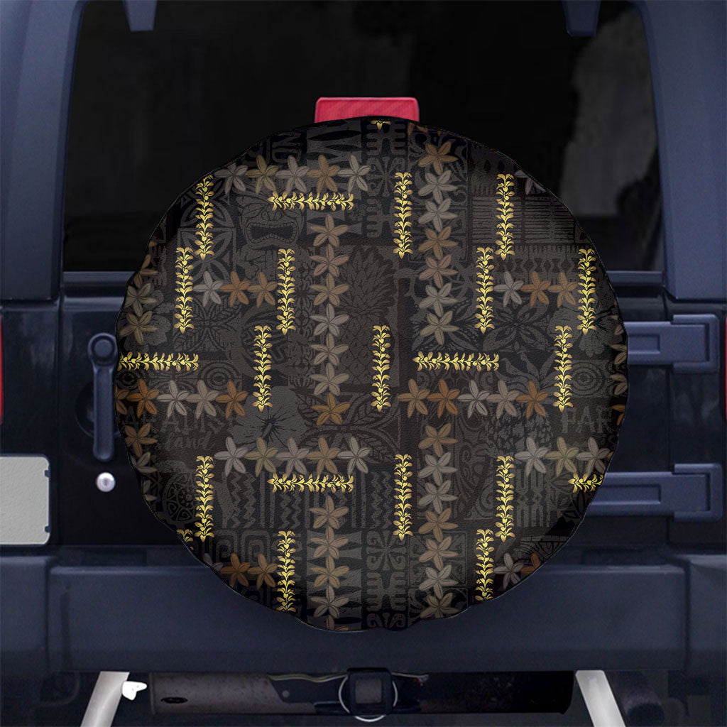 Hawaii Brown Plumeria Lei Black Spare Tire Cover Frangipani Floral Heritage Art LT01 No hole Black - Polynesian Pride