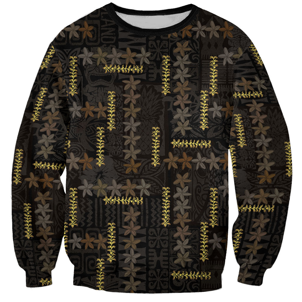 Hawaii Brown Plumeria Lei Black Sweatshirt Frangipani Floral Heritage Art LT01 Unisex Black - Polynesian Pride