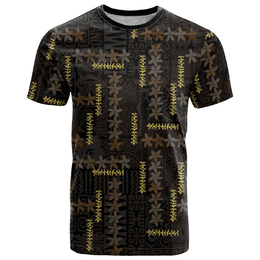 Hawaii Brown Plumeria Lei Black T Shirt Frangipani Floral Heritage Art LT01 Black - Polynesian Pride