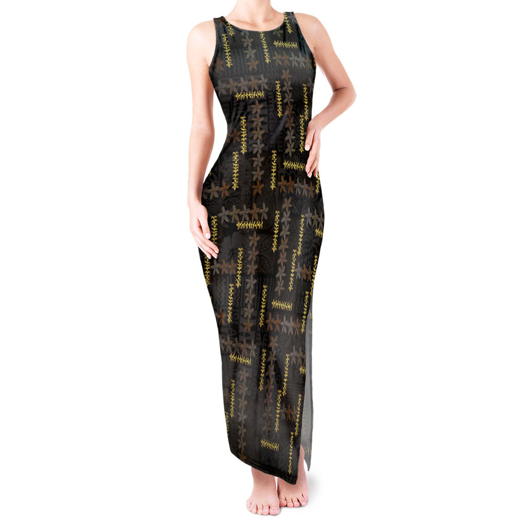 Hawaii Brown Plumeria Lei Black Tank Maxi Dress Frangipani Floral Heritage Art LT01 Women Black - Polynesian Pride