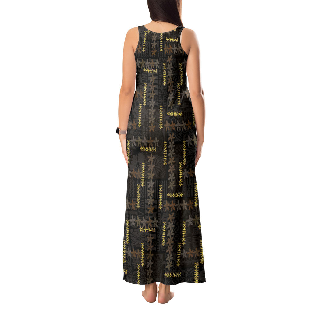 Hawaii Brown Plumeria Lei Black Tank Maxi Dress Frangipani Floral Heritage Art LT01 - Polynesian Pride