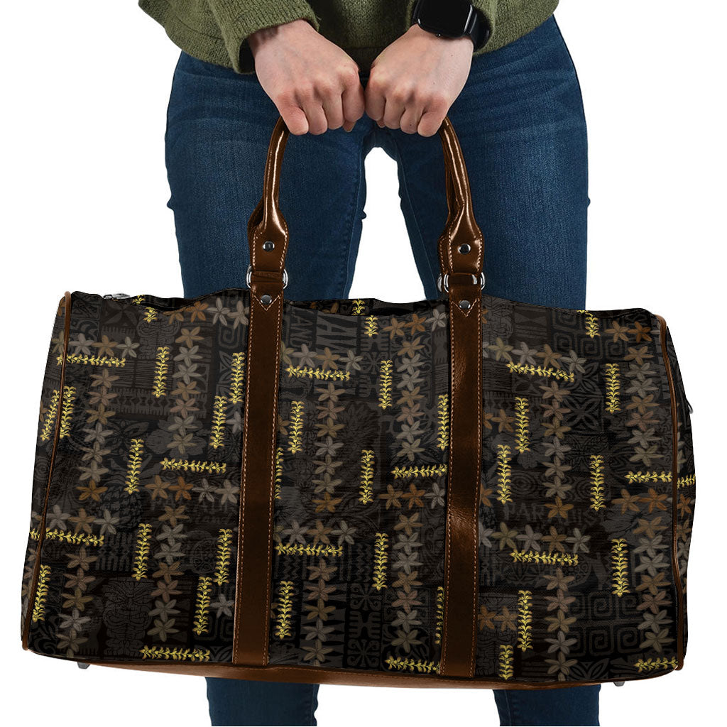 Hawaii Brown Plumeria Lei Black Travel Bag Frangipani Floral Heritage Art LT01 Black - Polynesian Pride