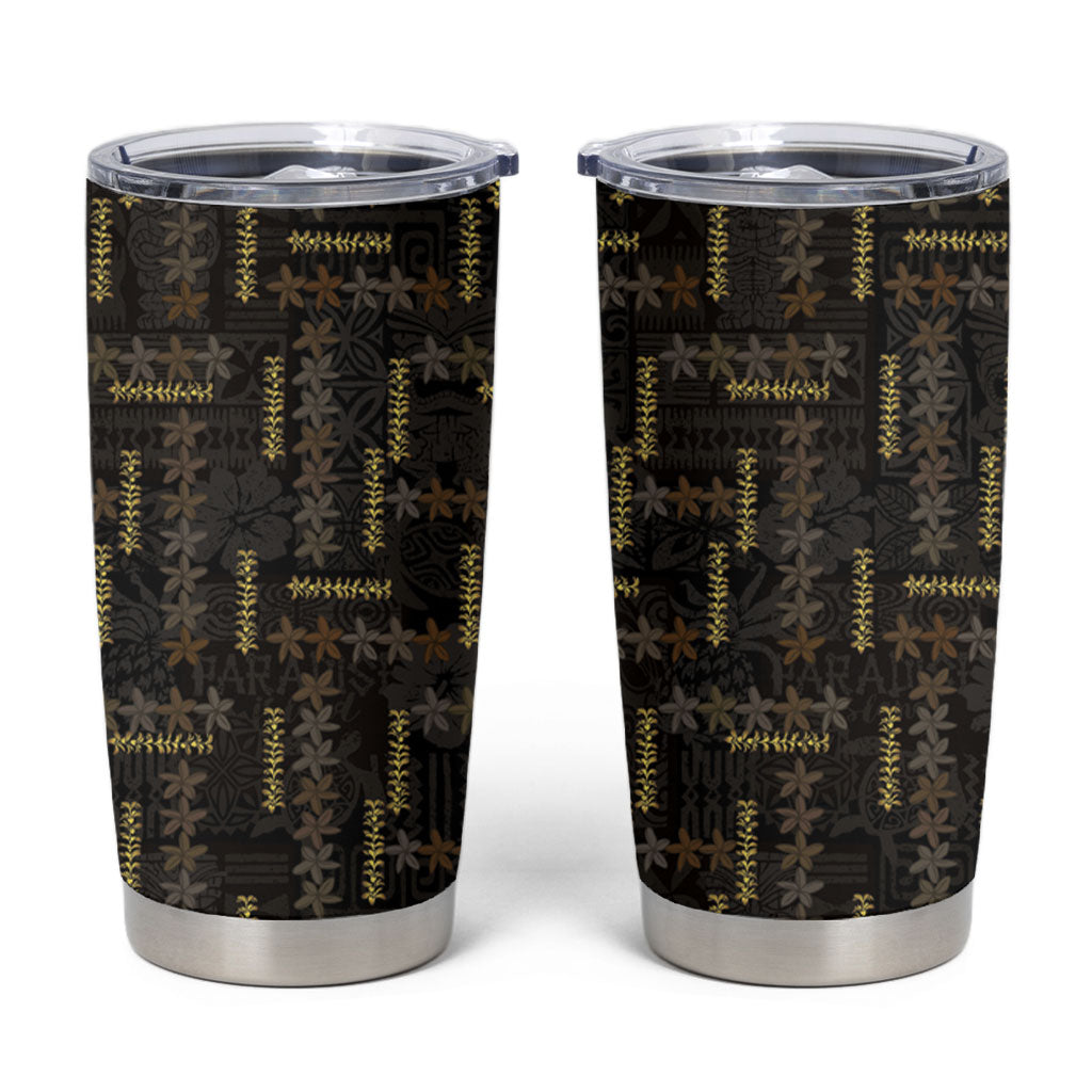 Hawaii Brown Plumeria Lei Black Tumbler Cup Frangipani Floral Heritage Art LT01 Black - Polynesian Pride