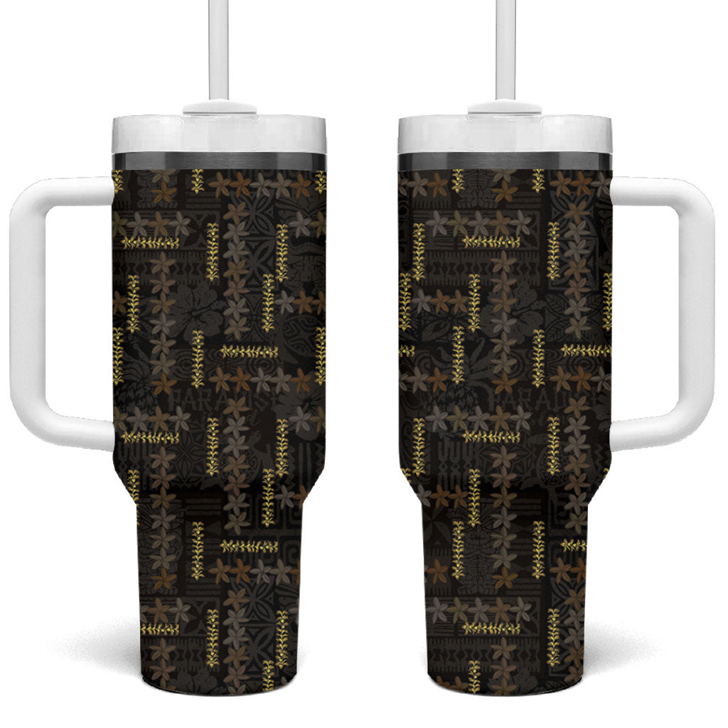Hawaii Brown Plumeria Lei Black Tumbler With Handle Frangipani Floral Heritage Art LT01 One Size: 40 oz Black - Polynesian Pride