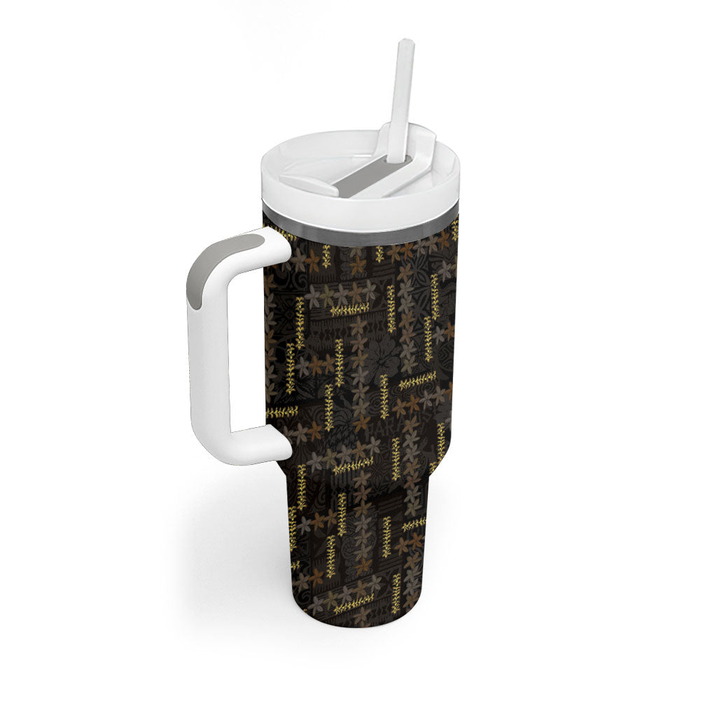 Hawaii Brown Plumeria Lei Black Tumbler With Handle Frangipani Floral Heritage Art LT01 - Polynesian Pride