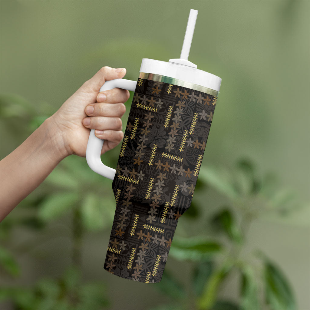 Hawaii Brown Plumeria Lei Black Tumbler With Handle Frangipani Floral Heritage Art LT01 - Polynesian Pride