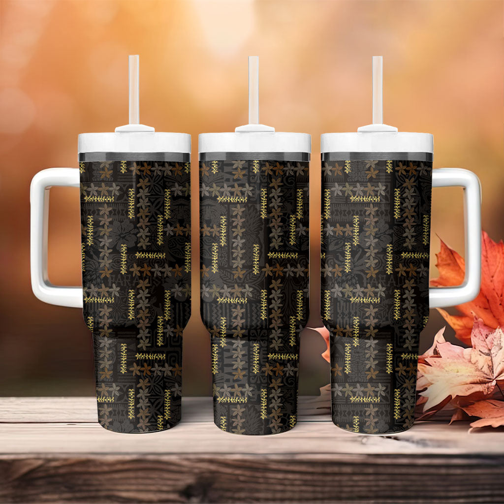 Hawaii Brown Plumeria Lei Black Tumbler With Handle Frangipani Floral Heritage Art LT01 - Polynesian Pride