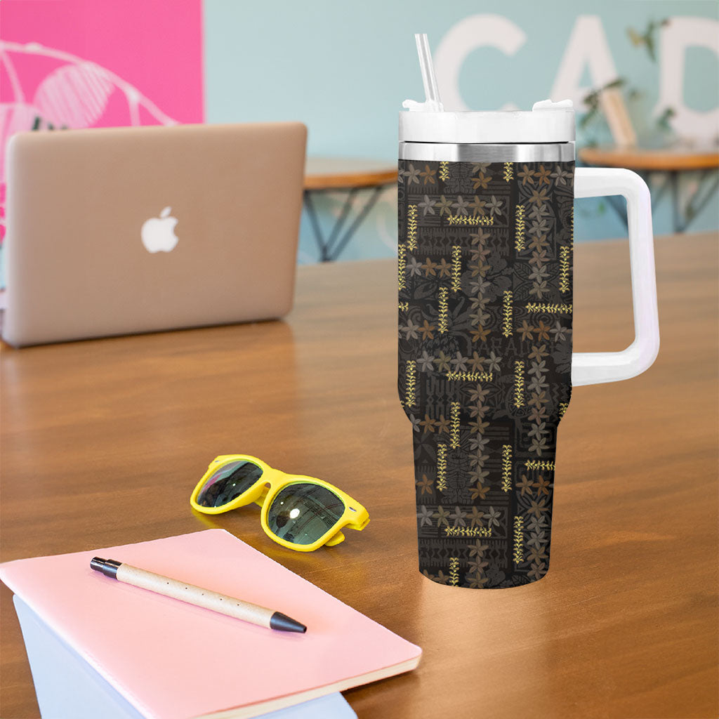 Hawaii Brown Plumeria Lei Black Tumbler With Handle Frangipani Floral Heritage Art LT01 - Polynesian Pride