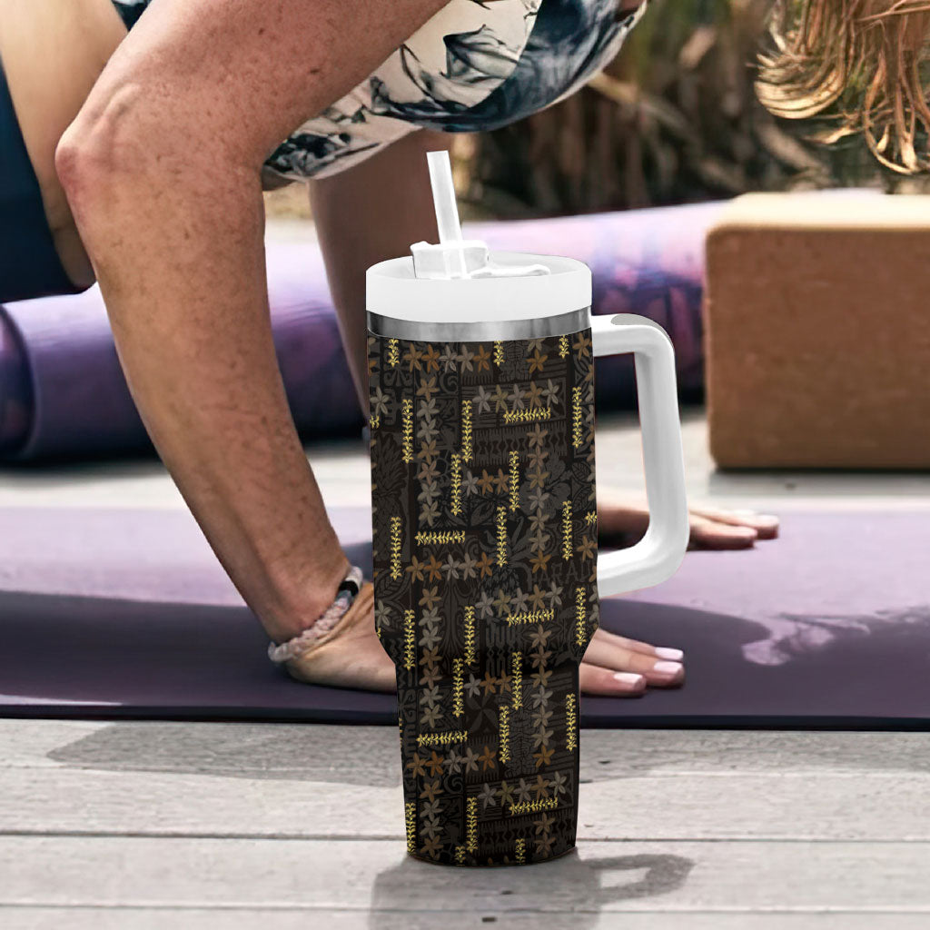 Hawaii Brown Plumeria Lei Black Tumbler With Handle Frangipani Floral Heritage Art LT01 - Polynesian Pride