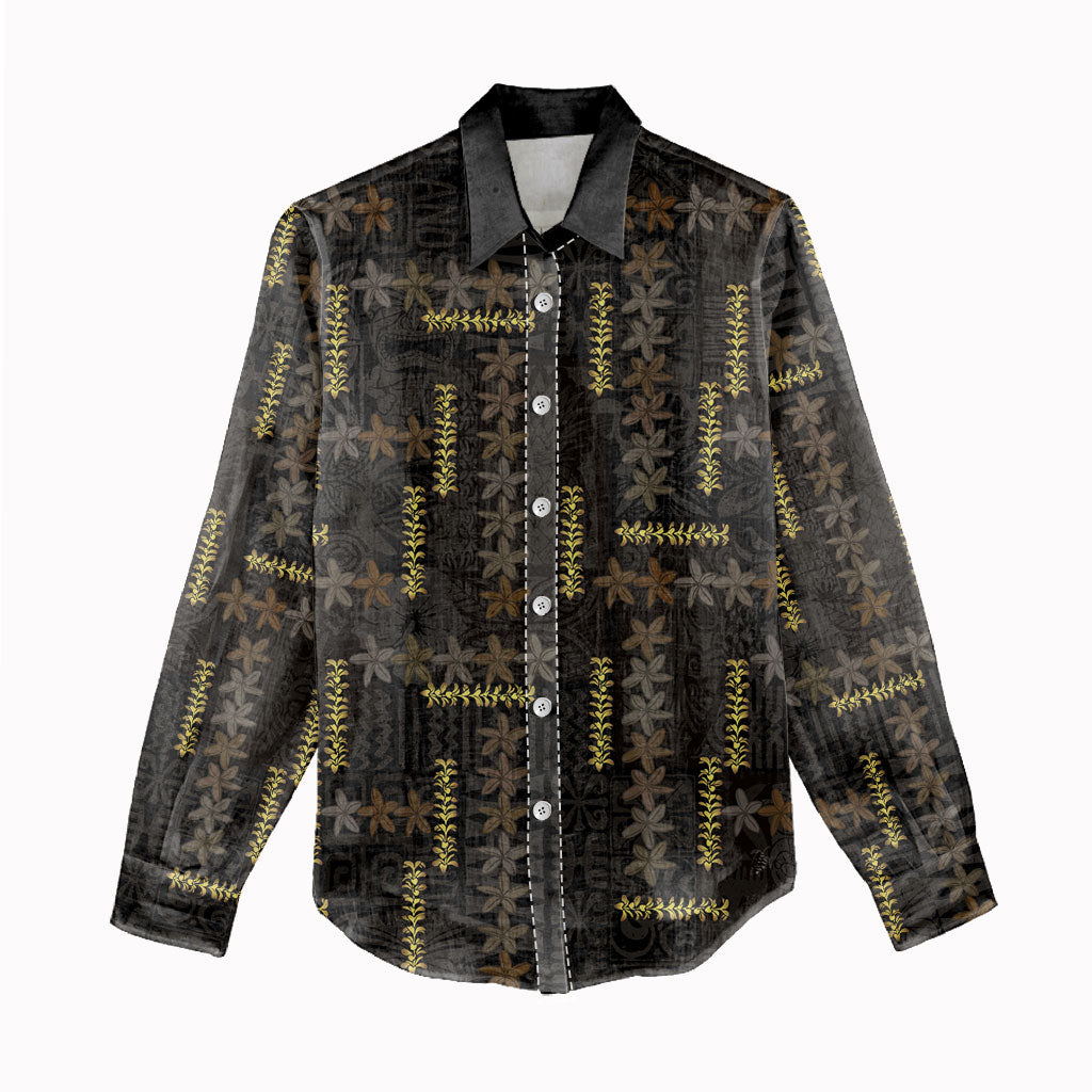 Hawaii Brown Plumeria Lei Black Women Casual Shirt Frangipani Floral Heritage Art LT01 - Polynesian Pride