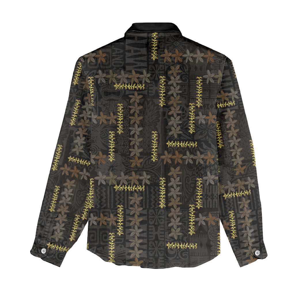 Hawaii Brown Plumeria Lei Black Women Casual Shirt Frangipani Floral Heritage Art LT01 - Polynesian Pride