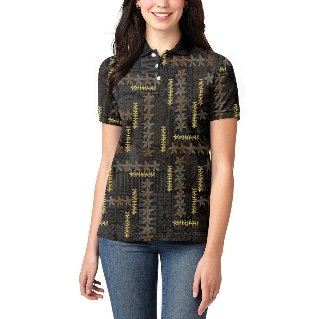 Hawaii Brown Plumeria Lei Black Women Polo Shirt Frangipani Floral Heritage Art LT01 - Polynesian Pride