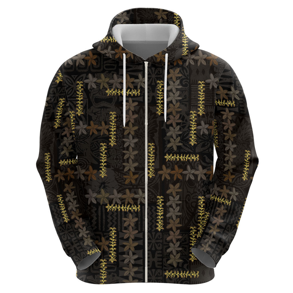Hawaii Brown Plumeria Lei Black Zip Hoodie Frangipani Floral Heritage Art LT01 - Polynesian Pride