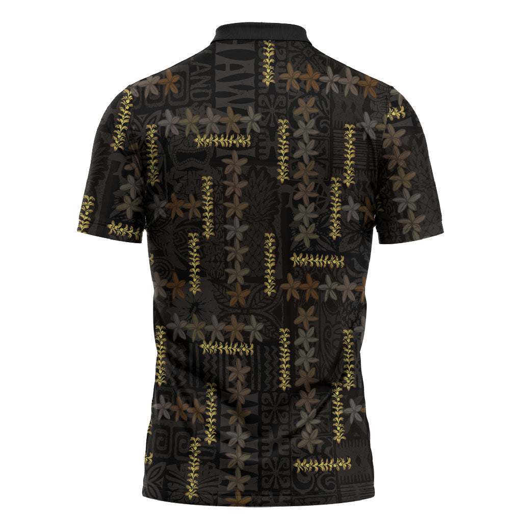 Hawaii Brown Plumeria Lei Black Zipper Polo Shirt Frangipani Floral Heritage Art LT01 - Polynesian Pride