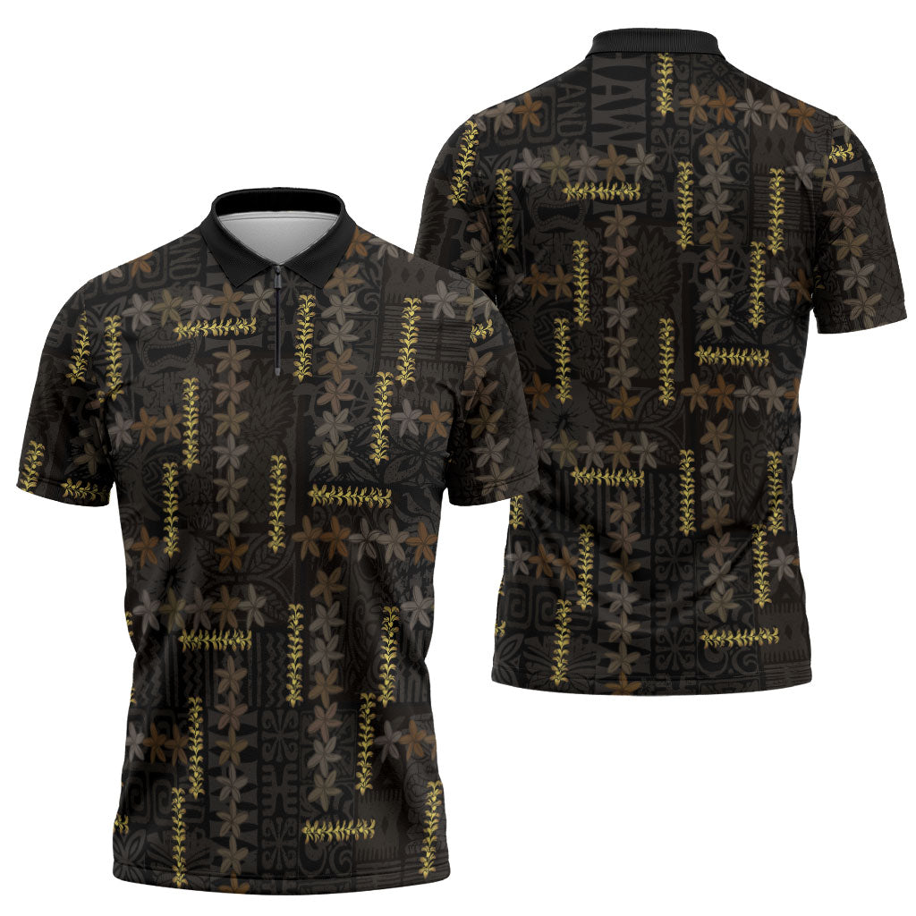 Hawaii Brown Plumeria Lei Black Zipper Polo Shirt Frangipani Floral Heritage Art LT01 - Polynesian Pride