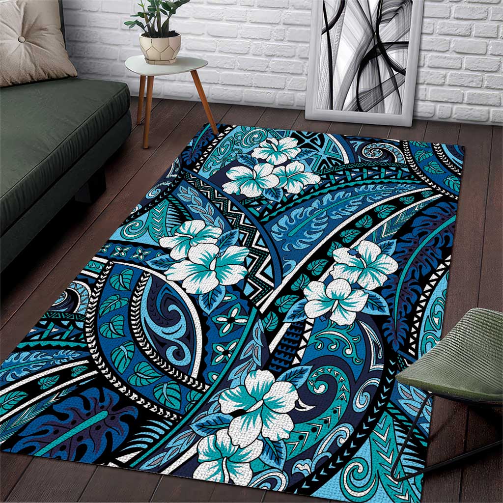 Polynesian Hibiscus Tropical Blue Floral Area Rug Tribal Pattern LT01 Blue - Polynesian Pride