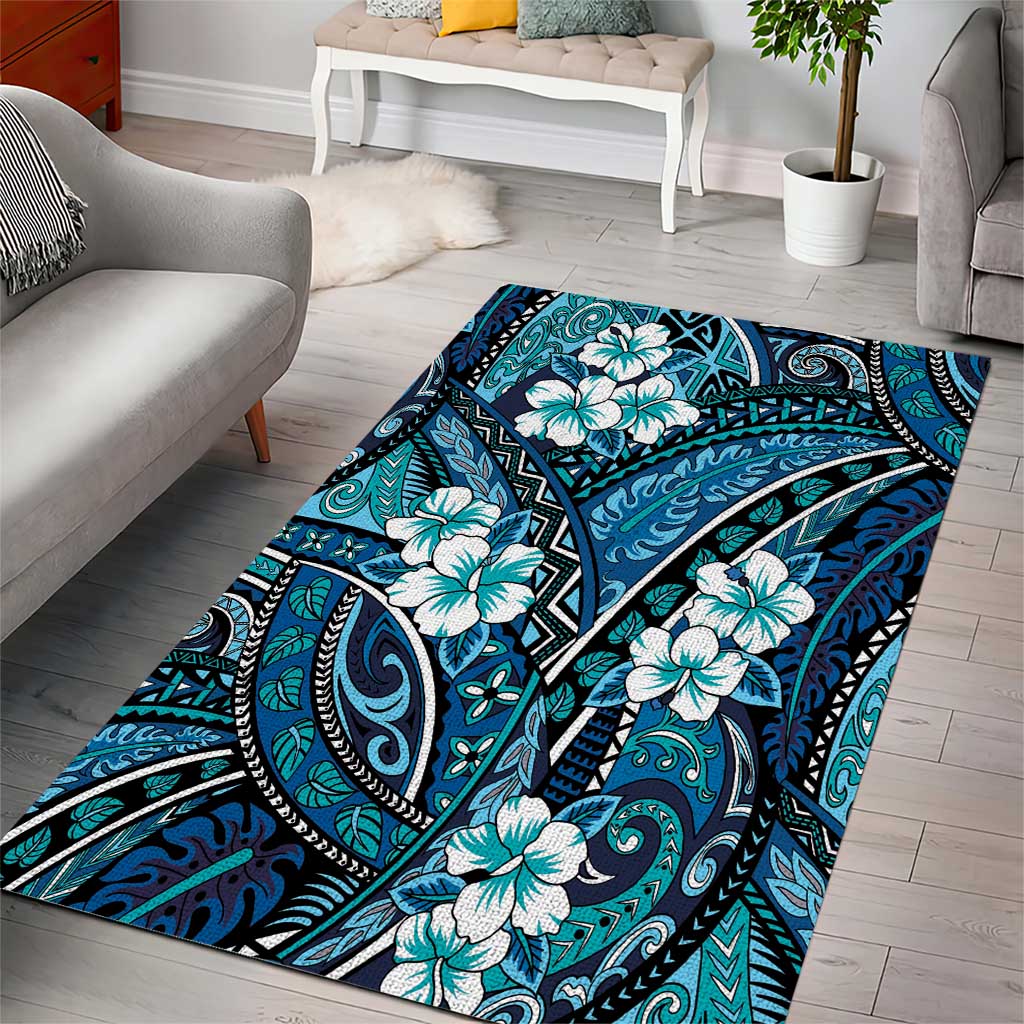 Polynesian Hibiscus Tropical Blue Floral Area Rug Tribal Pattern LT01 - Polynesian Pride