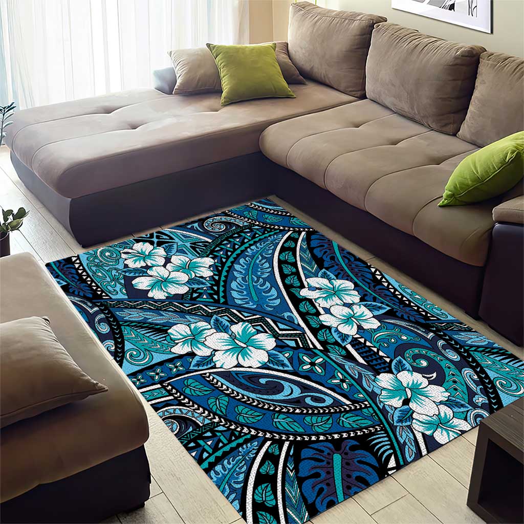 Polynesian Hibiscus Tropical Blue Floral Area Rug Tribal Pattern LT01 - Polynesian Pride