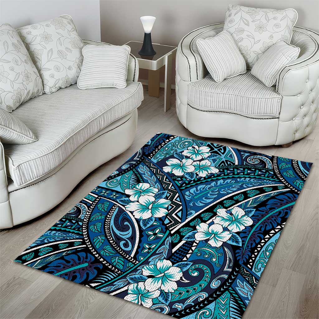 Polynesian Hibiscus Tropical Blue Floral Area Rug Tribal Pattern LT01 - Polynesian Pride