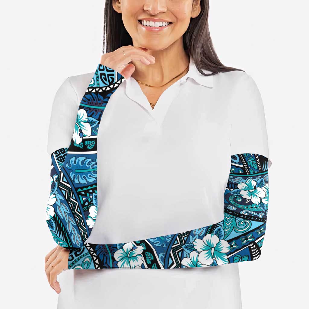 Polynesian Hibiscus Tropical Blue Floral Arm Sleeves Tribal Pattern - Polynesian Pride