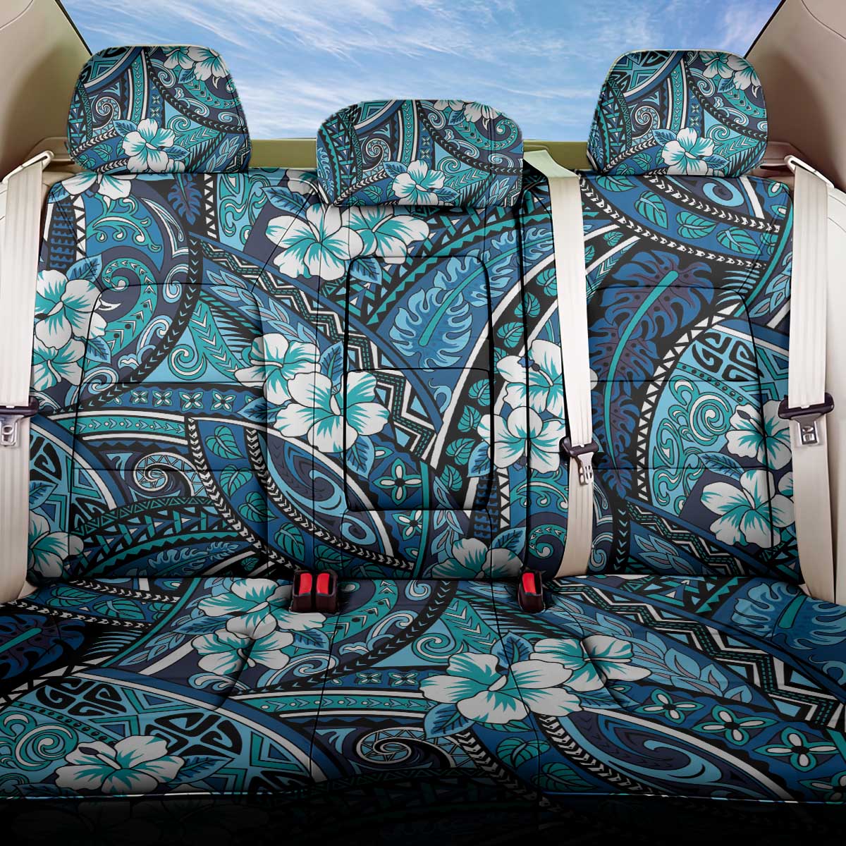 Polynesian Hibiscus Tropical Blue Floral Back Car Seat Cover Tribal Pattern - Polynesian Pride