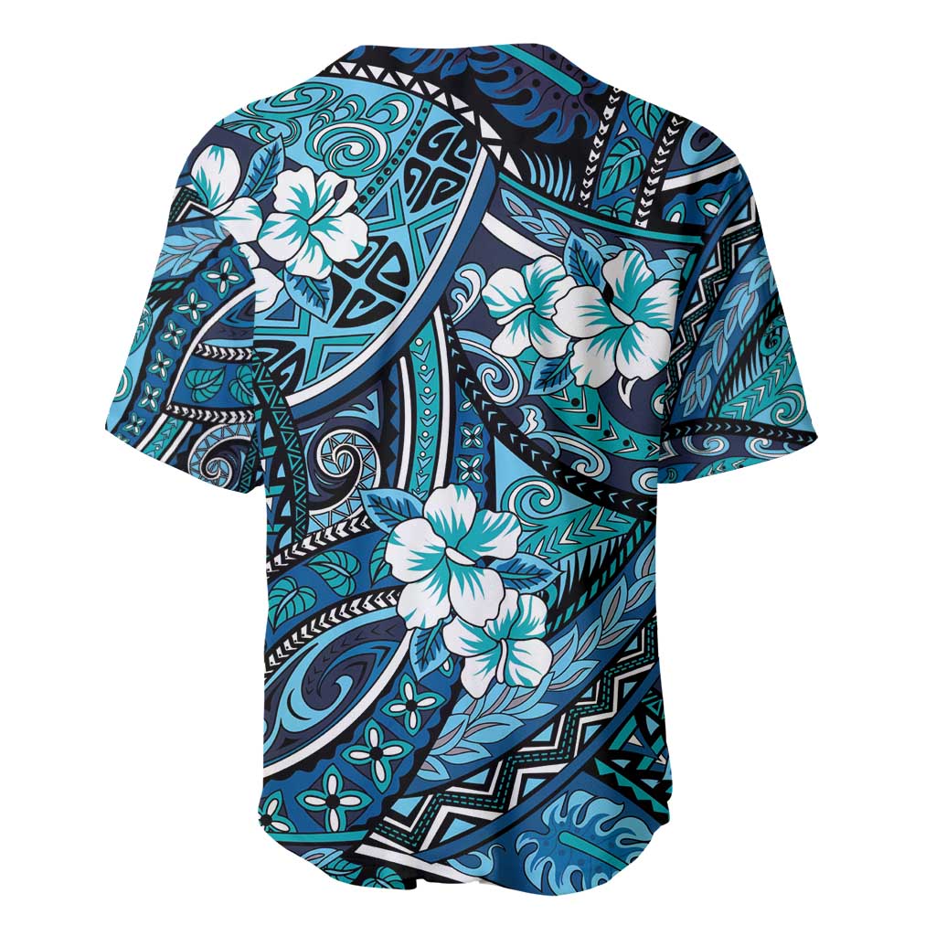 Polynesian Hibiscus Tropical Blue Floral Baseball Jersey Tribal Pattern LT01 - Polynesian Pride