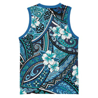 Polynesian Hibiscus Tropical Blue Floral Basketball Jersey Tribal Pattern - Polynesian Pride