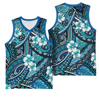 Polynesian Hibiscus Tropical Blue Floral Basketball Jersey Tribal Pattern - Polynesian Pride