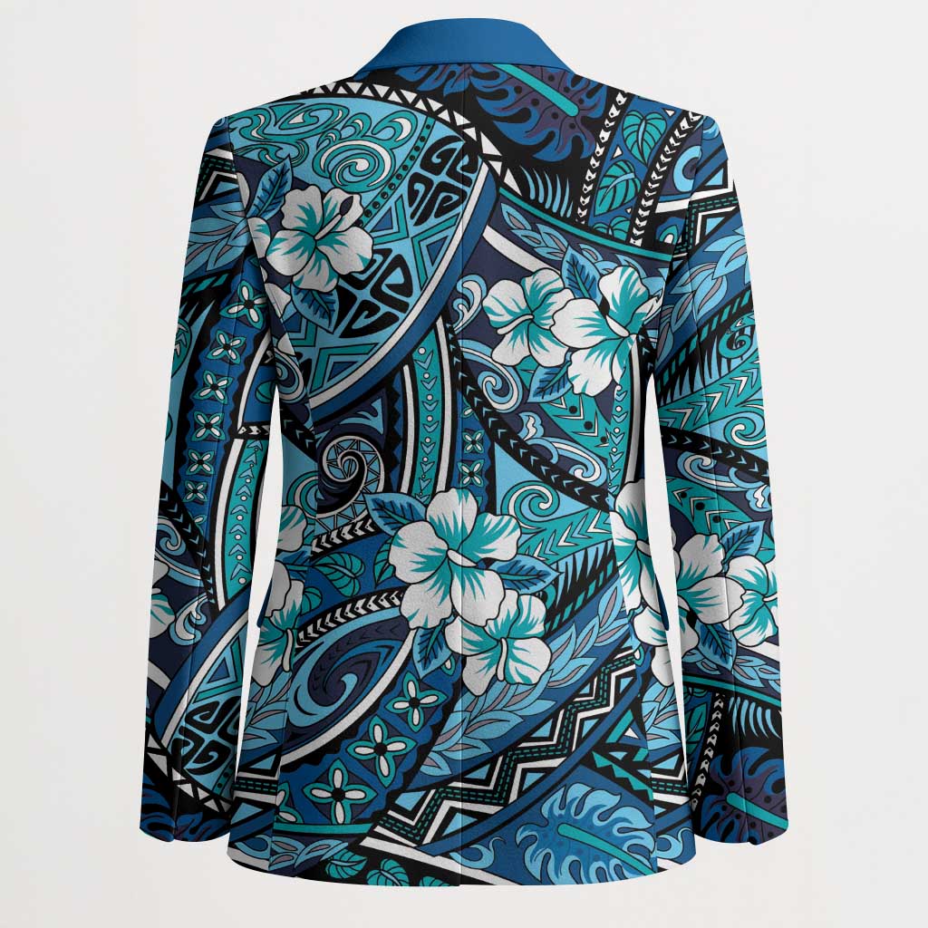 Polynesian Hibiscus Tropical Blue Floral Blazer Tribal Pattern - Polynesian Pride
