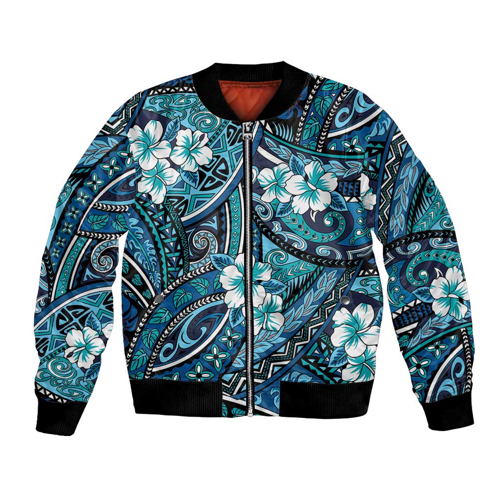 Polynesian Hibiscus Tropical Blue Floral Bomber Jacket Tribal Pattern LT01 Unisex Blue - Polynesian Pride