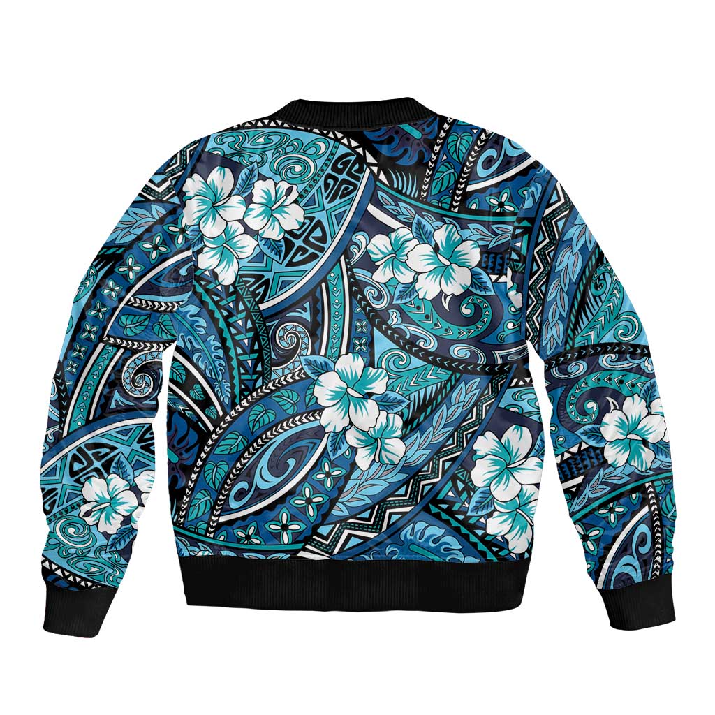 Polynesian Hibiscus Tropical Blue Floral Bomber Jacket Tribal Pattern LT01 - Polynesian Pride