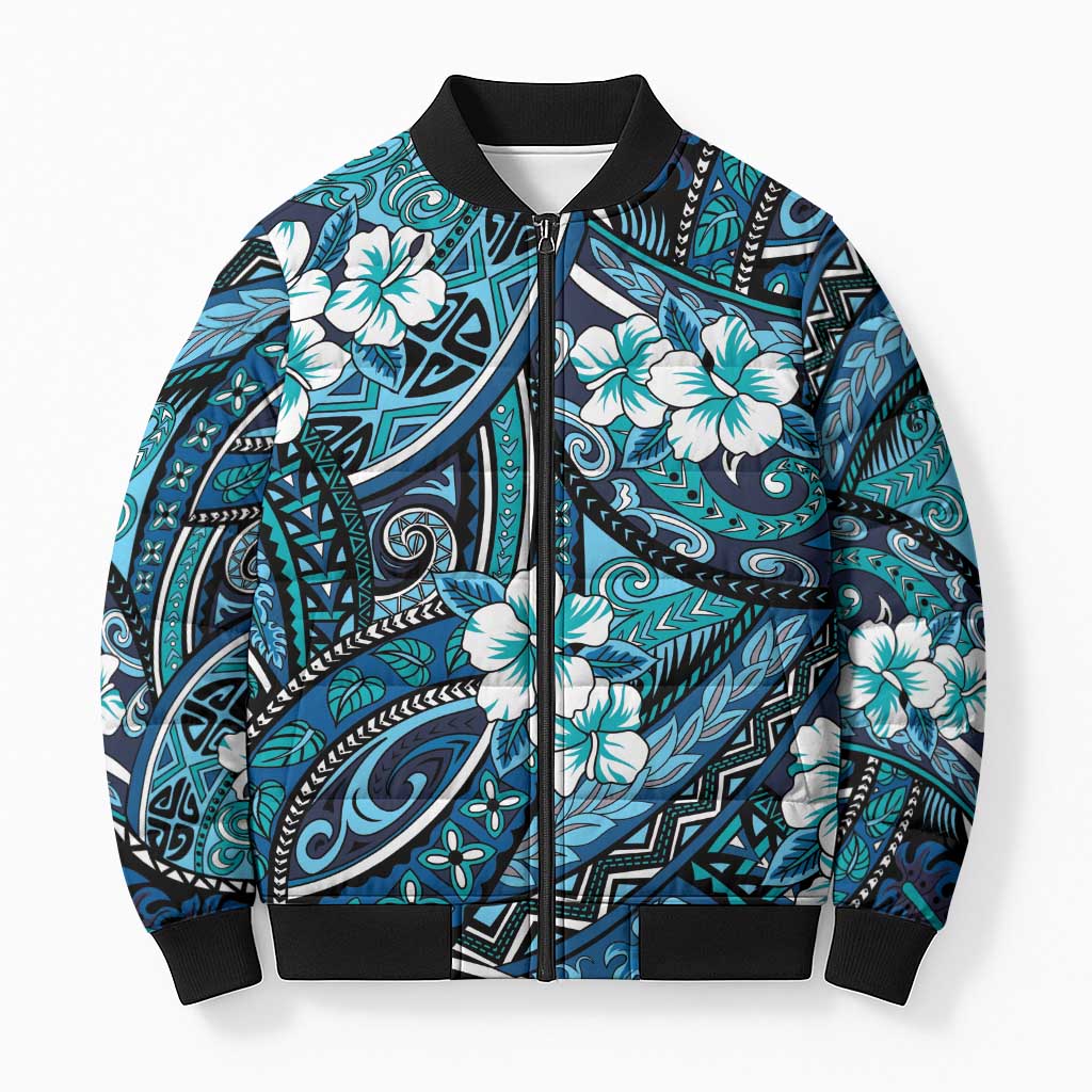 Polynesian Hibiscus Tropical Blue Floral Bomber Puffer Jacket Tribal Pattern - Polynesian Pride
