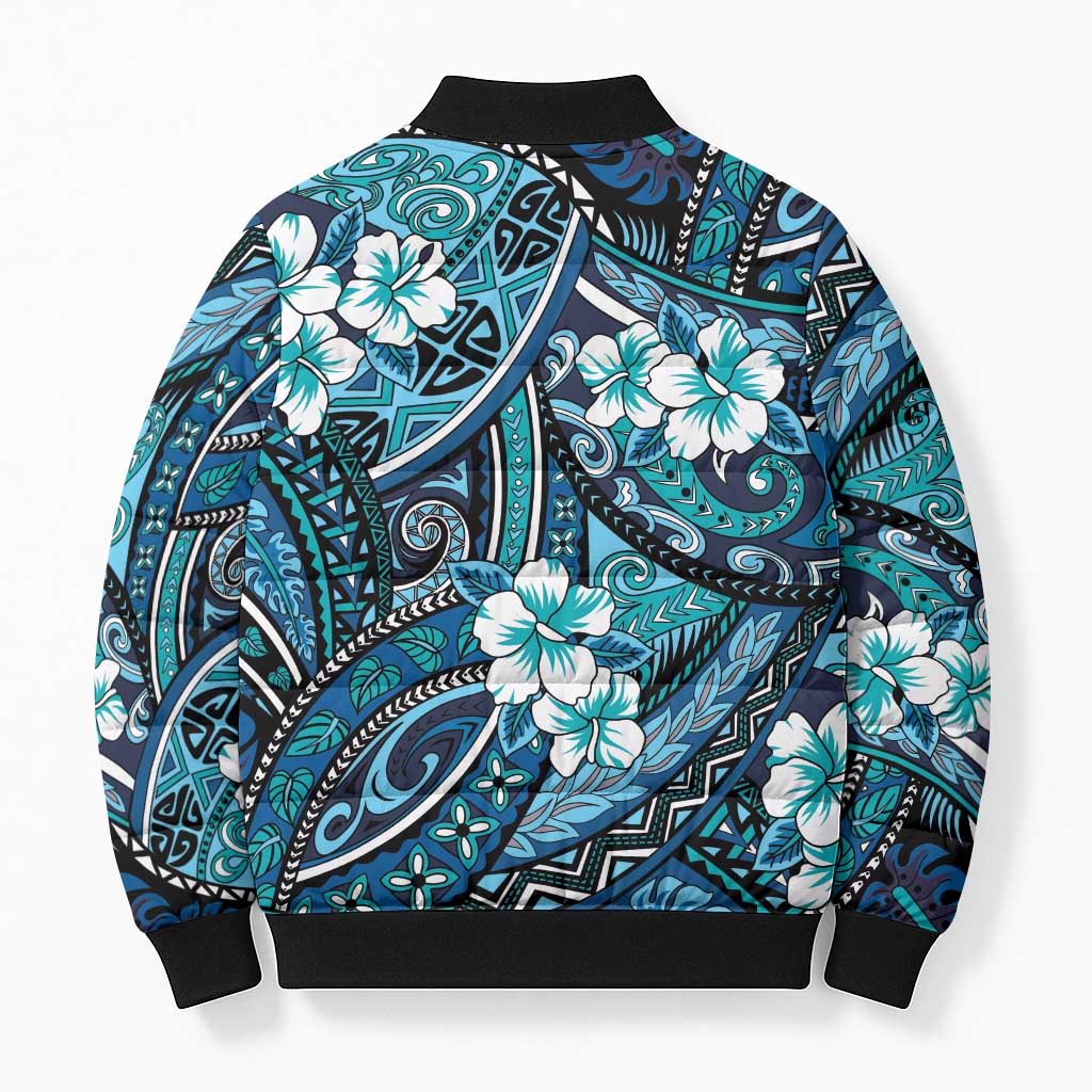 Polynesian Hibiscus Tropical Blue Floral Bomber Puffer Jacket Tribal Pattern - Polynesian Pride