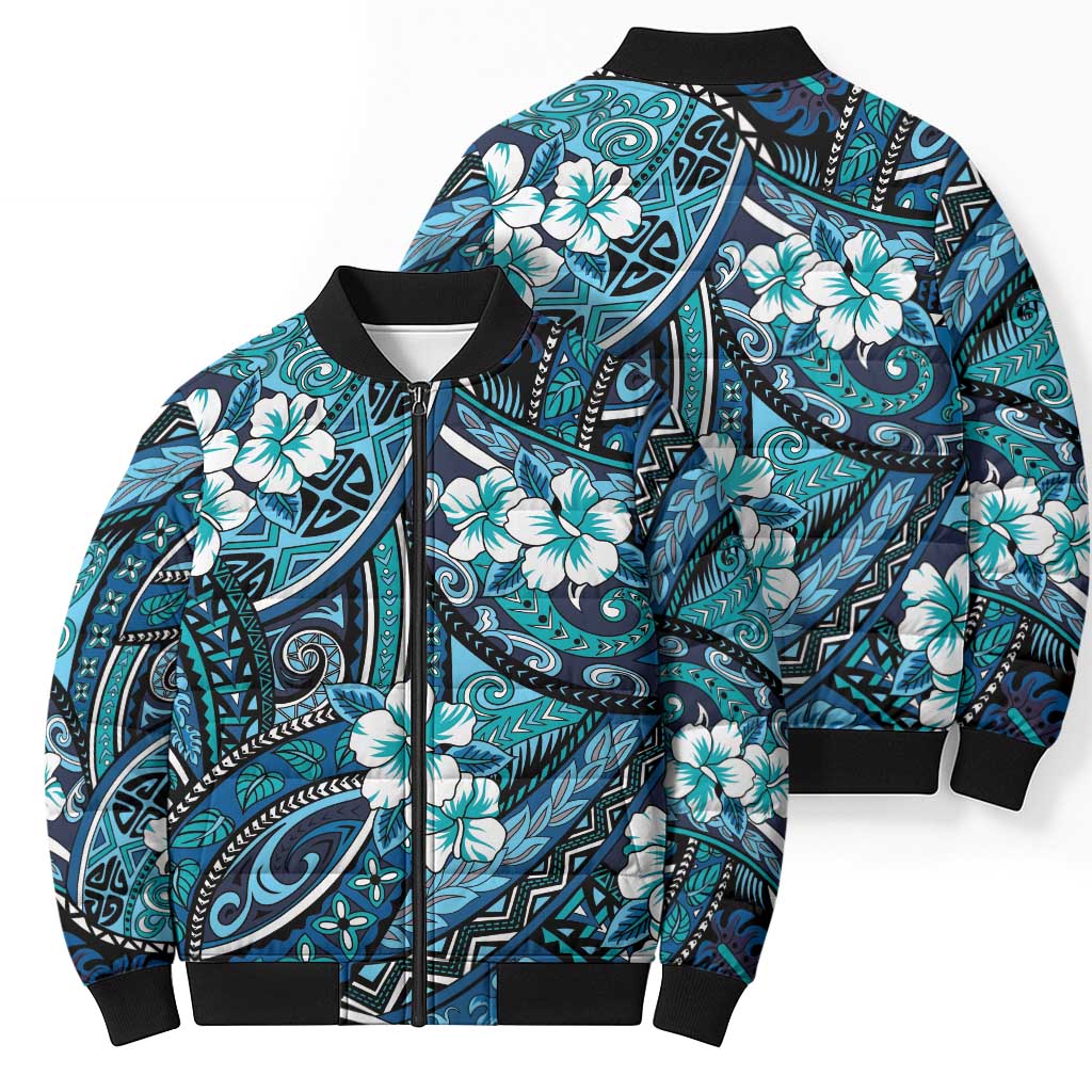 Polynesian Hibiscus Tropical Blue Floral Bomber Puffer Jacket Tribal Pattern - Polynesian Pride