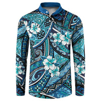 Polynesian Hibiscus Tropical Blue Floral Button Sweatshirt Tribal Pattern LT01 Blue - Polynesian Pride