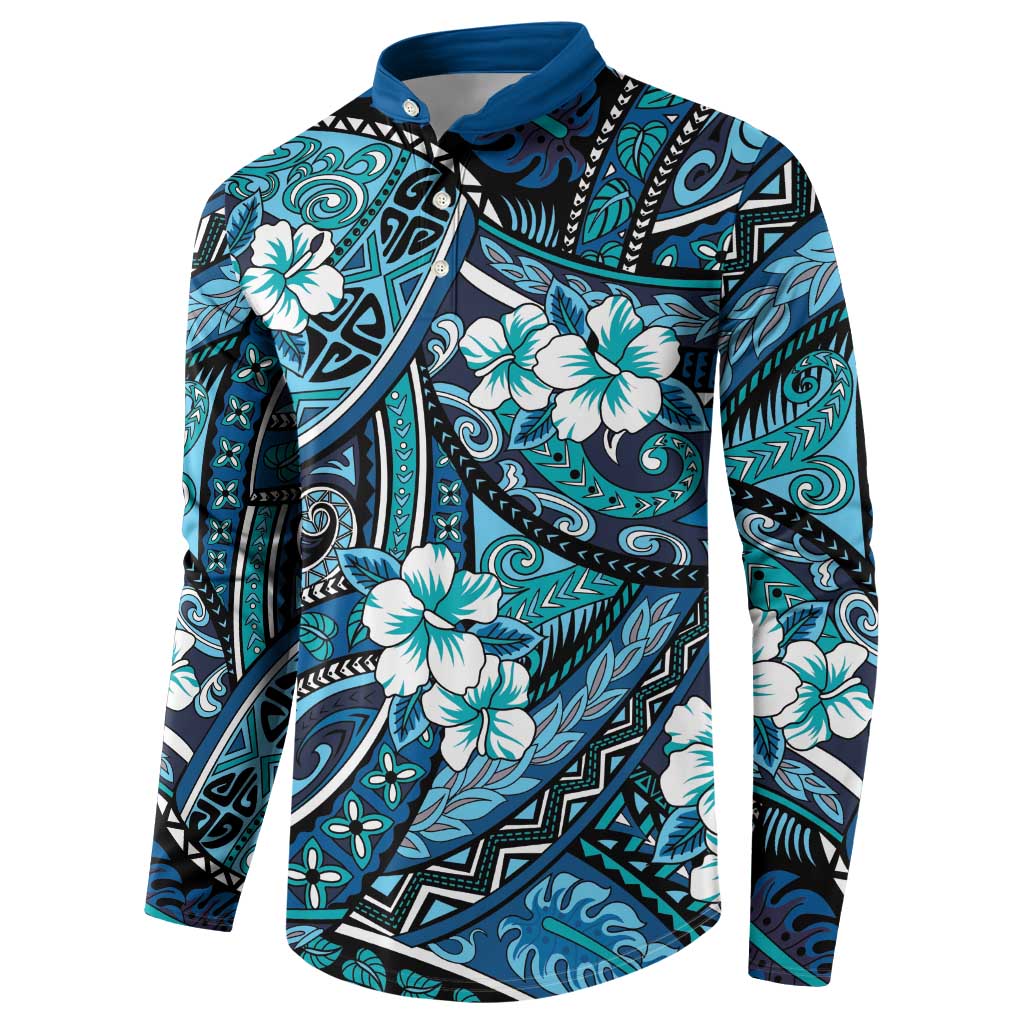 Polynesian Hibiscus Tropical Blue Floral Button Sweatshirt Tribal Pattern LT01 - Polynesian Pride