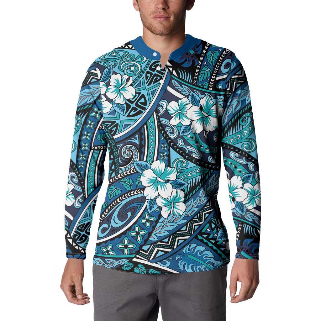 Polynesian Hibiscus Tropical Blue Floral Button Sweatshirt Tribal Pattern LT01 - Polynesian Pride