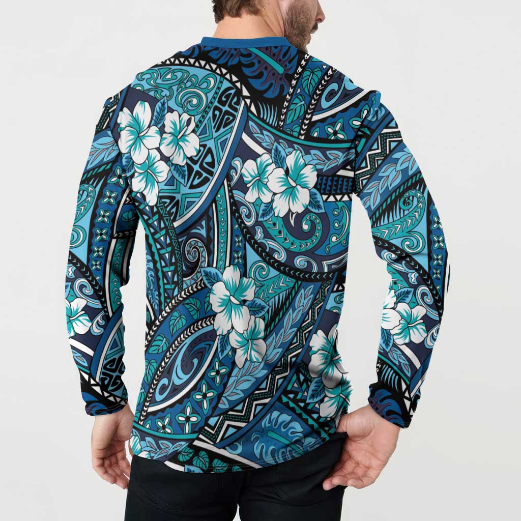 Polynesian Hibiscus Tropical Blue Floral Button Sweatshirt Tribal Pattern LT01 - Polynesian Pride