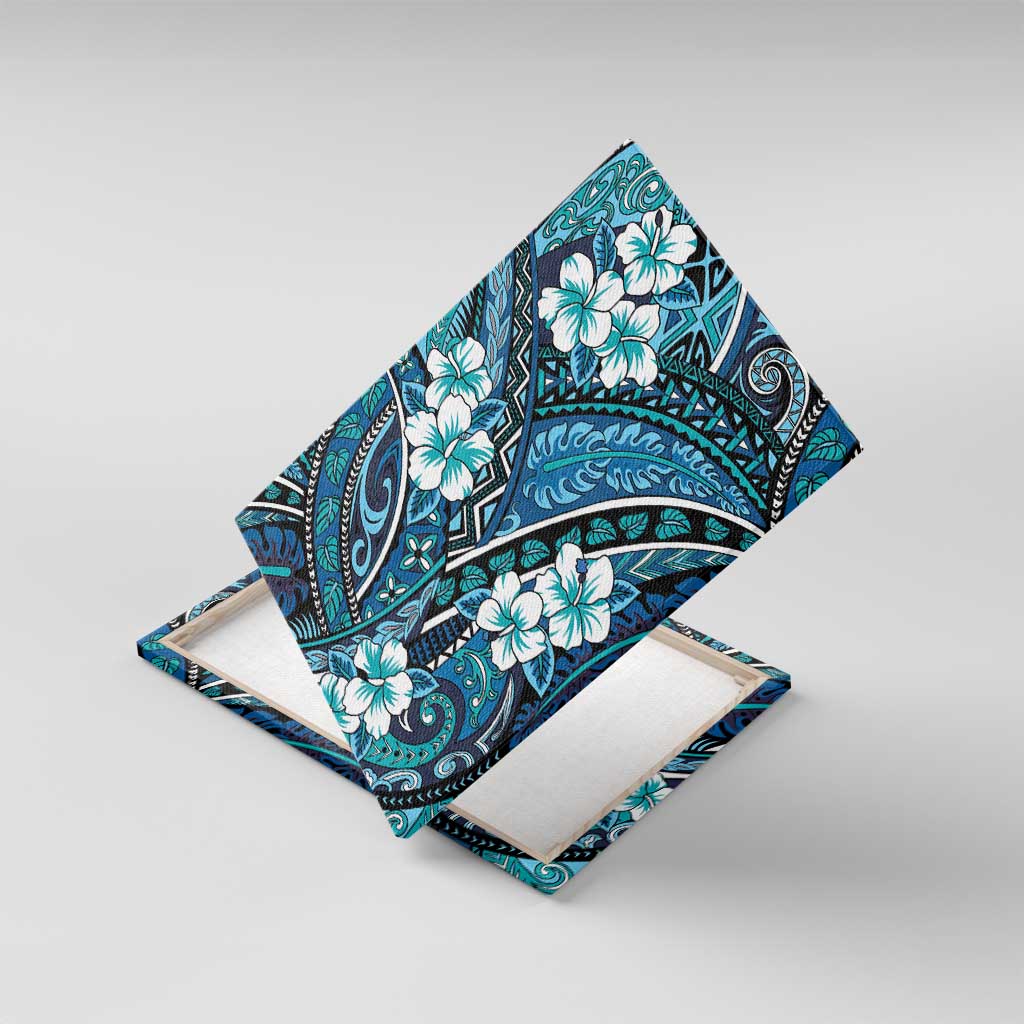 Polynesian Hibiscus Tropical Blue Floral Canvas Wall Art Tribal Pattern - Polynesian Pride