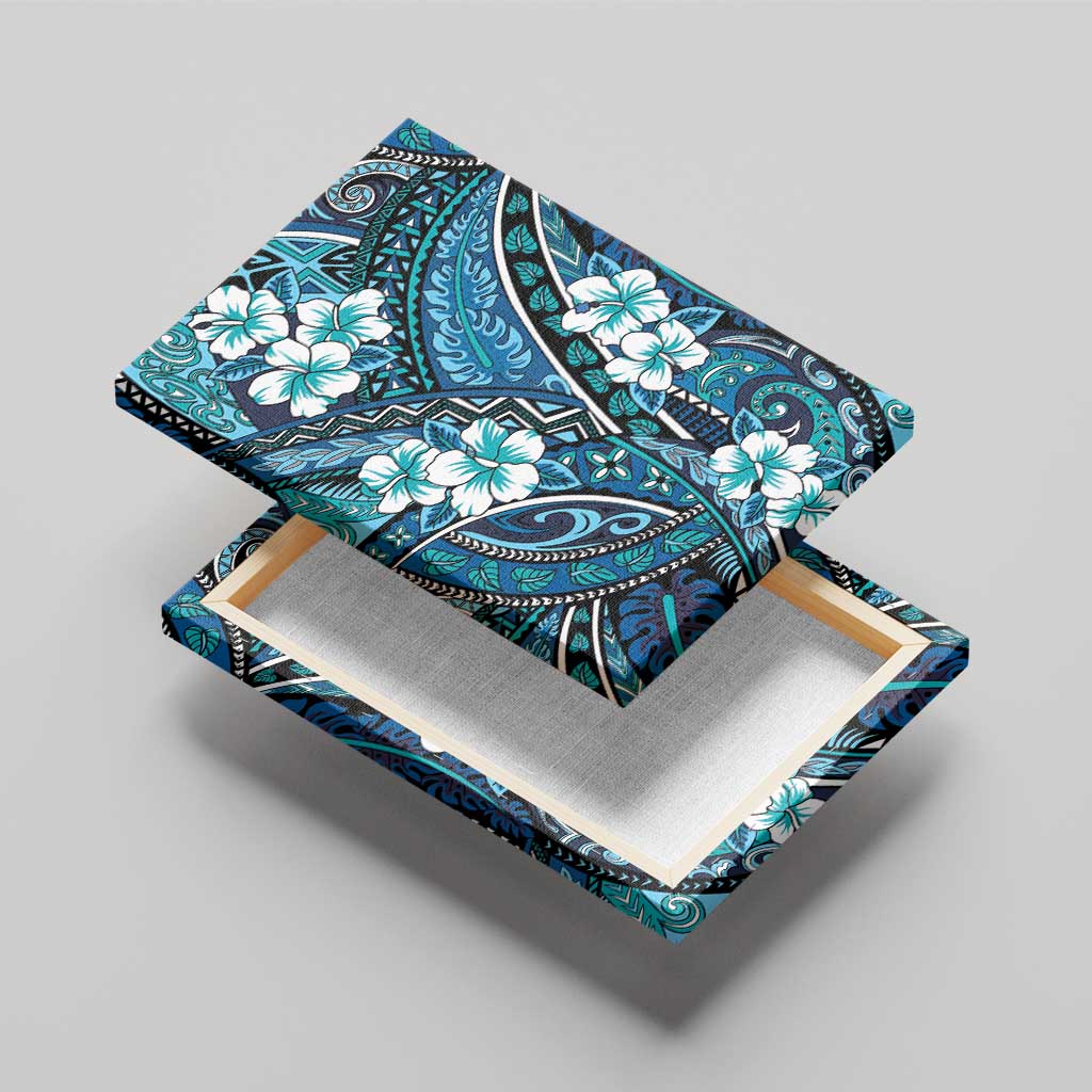 Polynesian Hibiscus Tropical Blue Floral Canvas Wall Art Tribal Pattern - Polynesian Pride