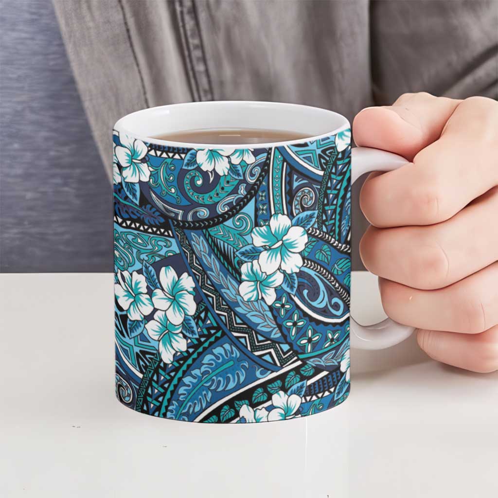 Polynesian Hibiscus Tropical Blue Floral Ceramic Mug Tribal Pattern - Polynesian Pride