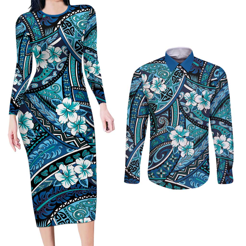 Polynesian Hibiscus Tropical Blue Floral Couples Matching Long Sleeve Bodycon Dress and Long Sleeve Button Shirt Tribal Pattern LT01 Blue - Polynesian Pride
