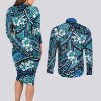 Polynesian Hibiscus Tropical Blue Floral Couples Matching Long Sleeve Bodycon Dress and Long Sleeve Button Shirt Tribal Pattern LT01 - Polynesian Pride