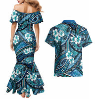 Polynesian Hibiscus Tropical Blue Floral Couples Matching Mermaid Dress and Hawaiian Shirt Tribal Pattern - Polynesian Pride