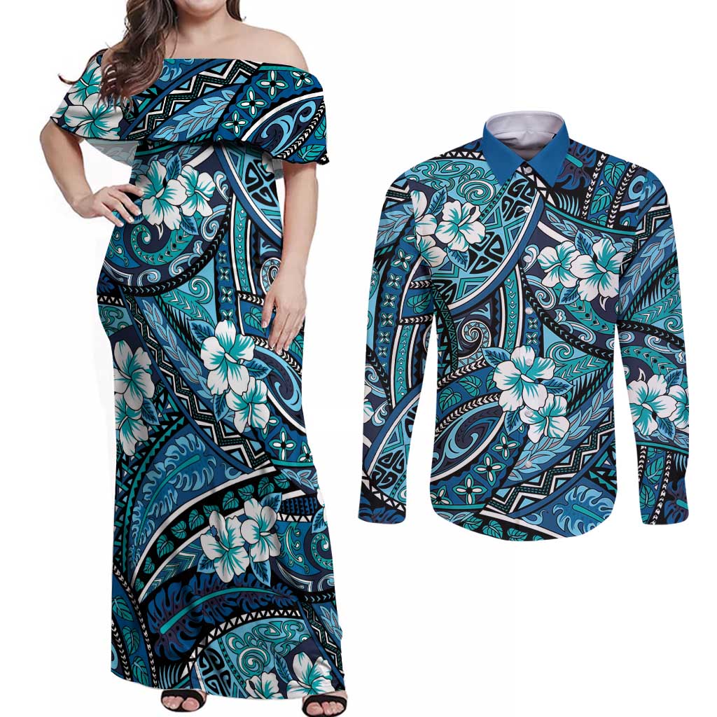 Polynesian Hibiscus Tropical Blue Floral Couples Matching Off Shoulder Maxi Dress and Long Sleeve Button Shirt Tribal Pattern LT01 Blue - Polynesian Pride