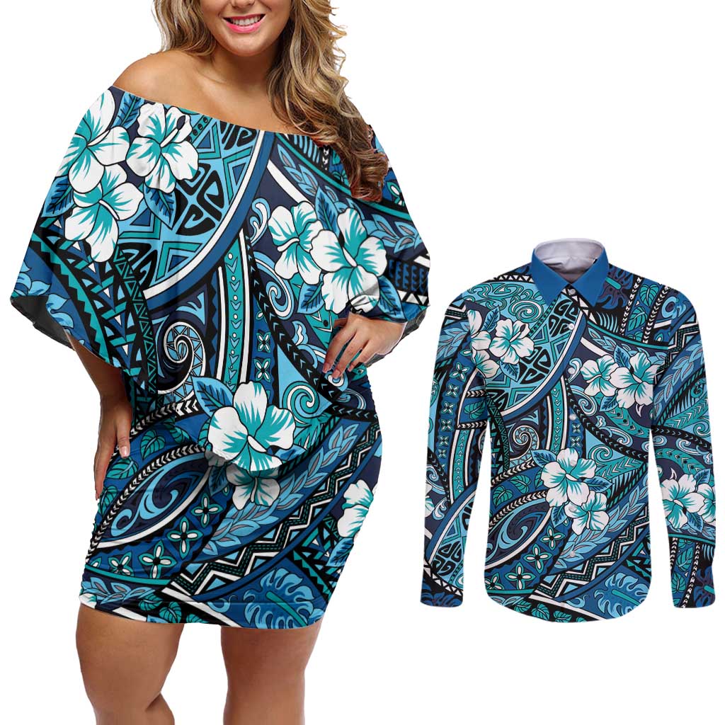 Polynesian Hibiscus Tropical Blue Floral Couples Matching Off Shoulder Short Dress and Long Sleeve Button Shirt Tribal Pattern LT01 Blue - Polynesian Pride