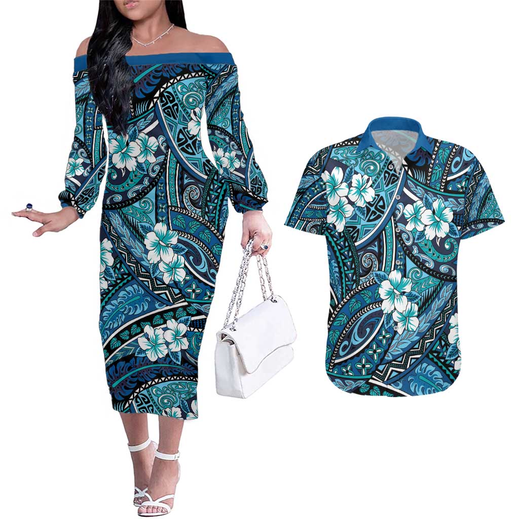 Polynesian Hibiscus Tropical Blue Floral Couples Matching Off The Shoulder Long Sleeve Dress and Hawaiian Shirt Tribal Pattern - Polynesian Pride