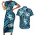 Polynesian Hibiscus Tropical Blue Floral Couples Matching Short Sleeve Bodycon Dress and Hawaiian Shirt Tribal Pattern - Polynesian Pride