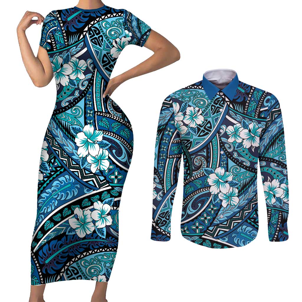 Polynesian Hibiscus Tropical Blue Floral Couples Matching Short Sleeve Bodycon Dress and Long Sleeve Button Shirt Tribal Pattern LT01 Blue - Polynesian Pride