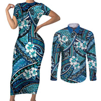 Polynesian Hibiscus Tropical Blue Floral Couples Matching Short Sleeve Bodycon Dress and Long Sleeve Button Shirt Tribal Pattern LT01 Blue - Polynesian Pride